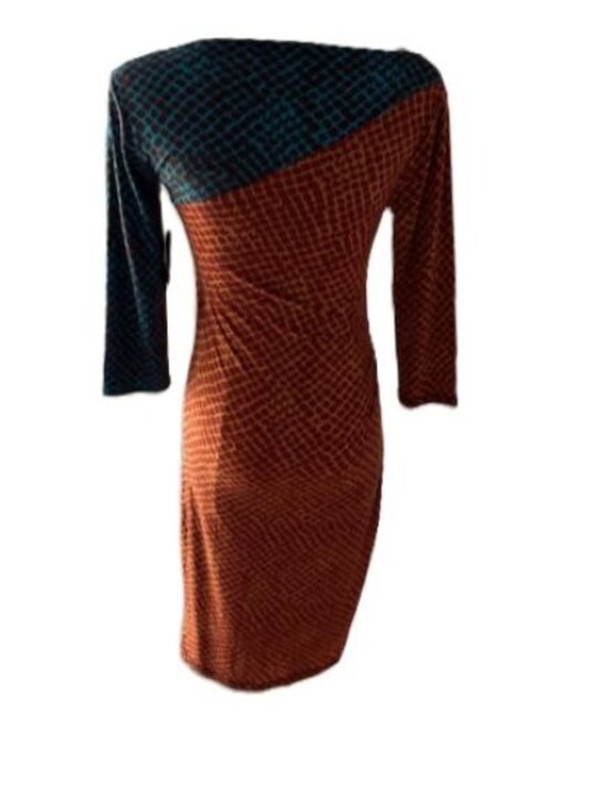 RACHEL Roy Chic Dark Gold/Rust & Teal Combo Dress w/Ruching on One Side ( L) NWT - Picture 13 of 14